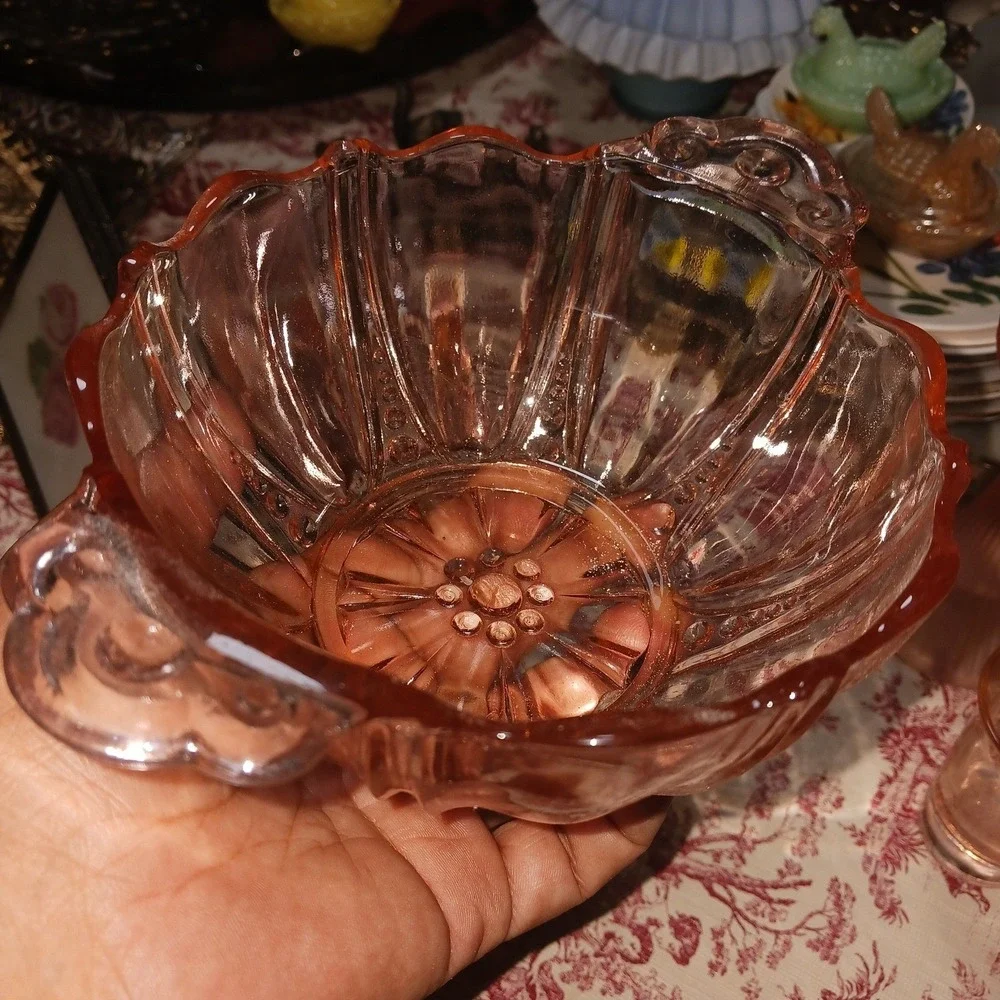 Pink Depression Glass Candy Dish ribbed pattern w Scalloped Edge & handles